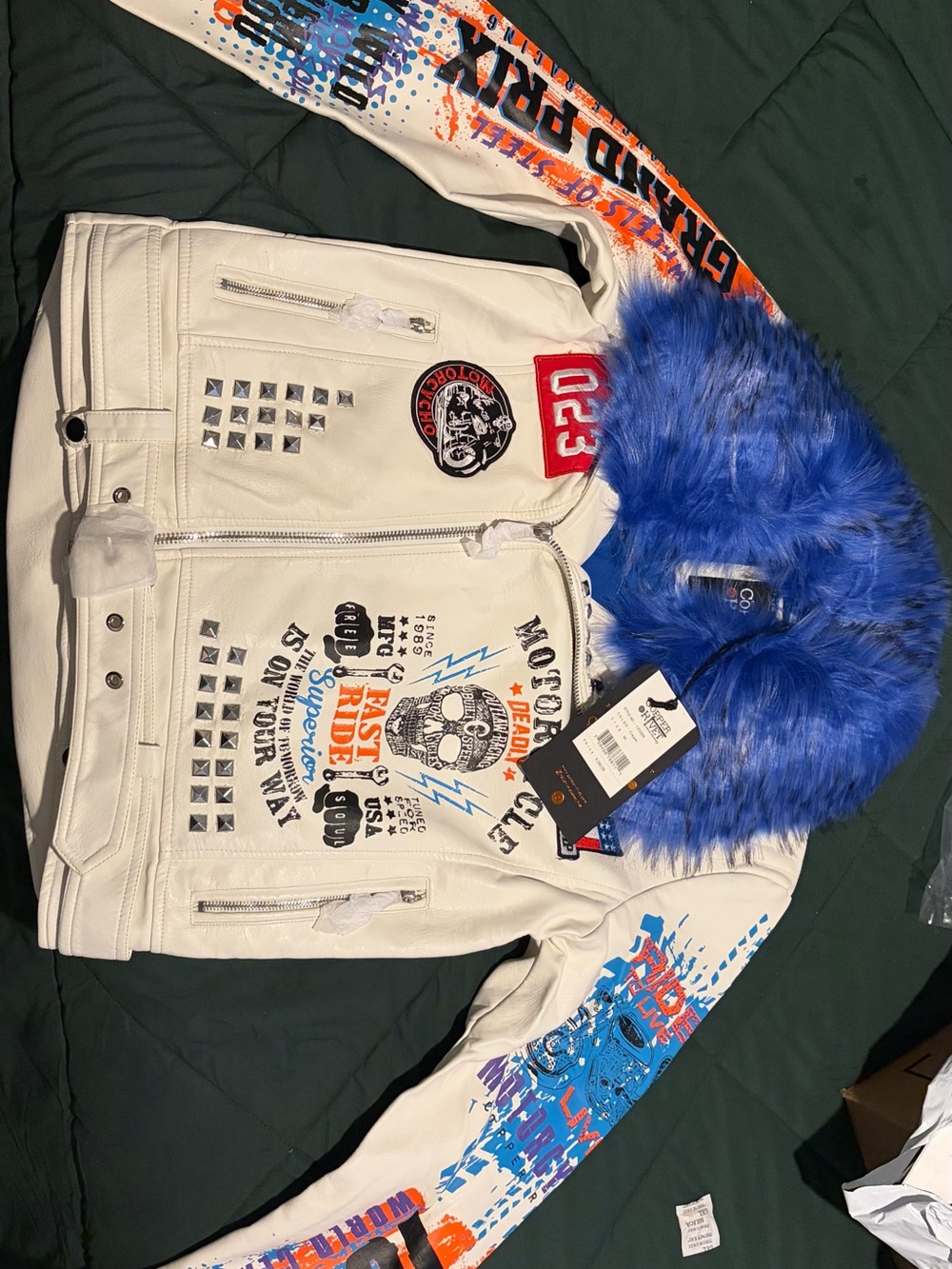 Men’s Faux Fur-Trim Graphic Jacket - White with Blue Fur